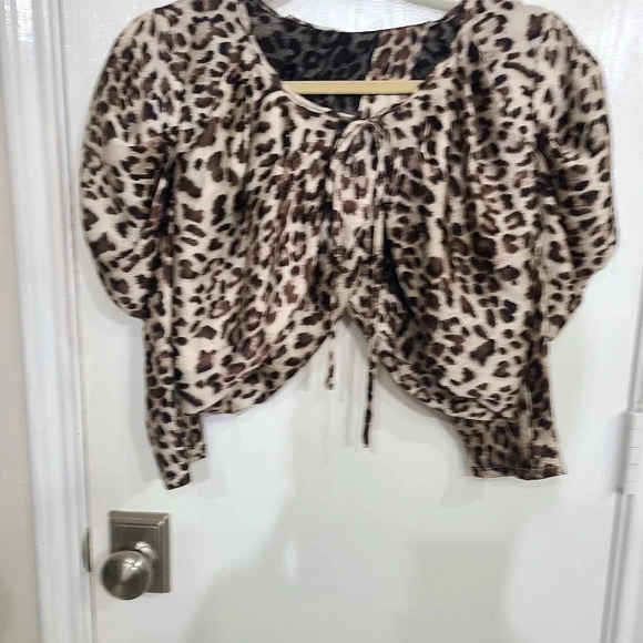 Brown/Black Leopard Print Front Tie Shirt Size S - Picture 3 of 10